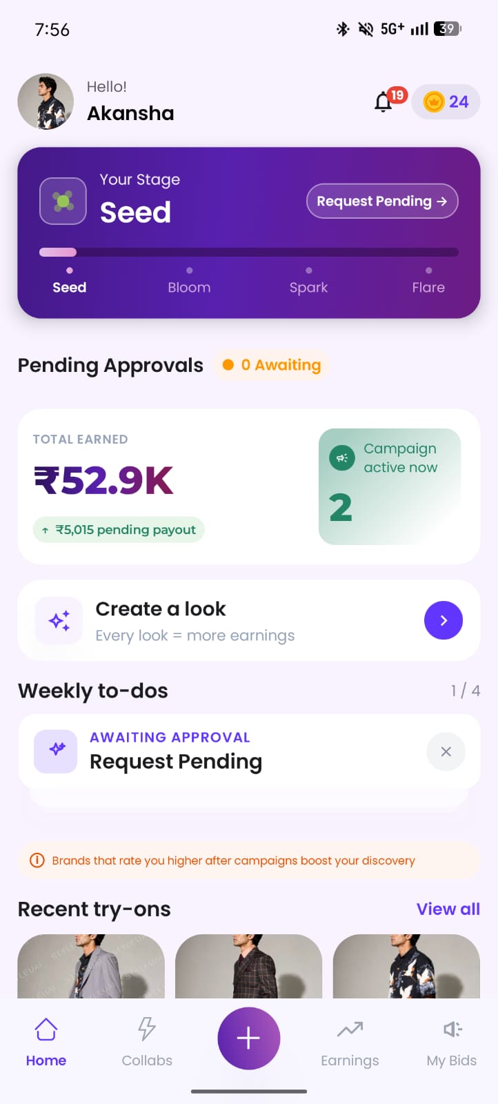 StyleUAI influencer app home screen: earnings, campaigns and pending approvals